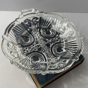 Vintage Indiana Glass‎ Killarney 8” Round Handled 2 Part Relish Dish